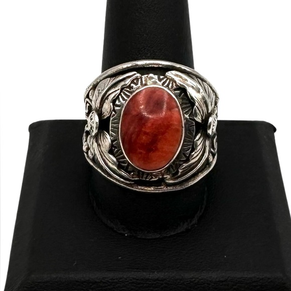 Native American Other - Signed M Navajo Native American Sterling Silver Red Spiny Oyster Mens Ring 12